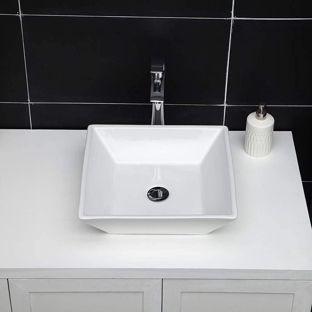 Sinber 16" x 16" x 4.92" White Square Ceramic Countertop Bathroom Vanity Vessel Sink BVS1616A-OK