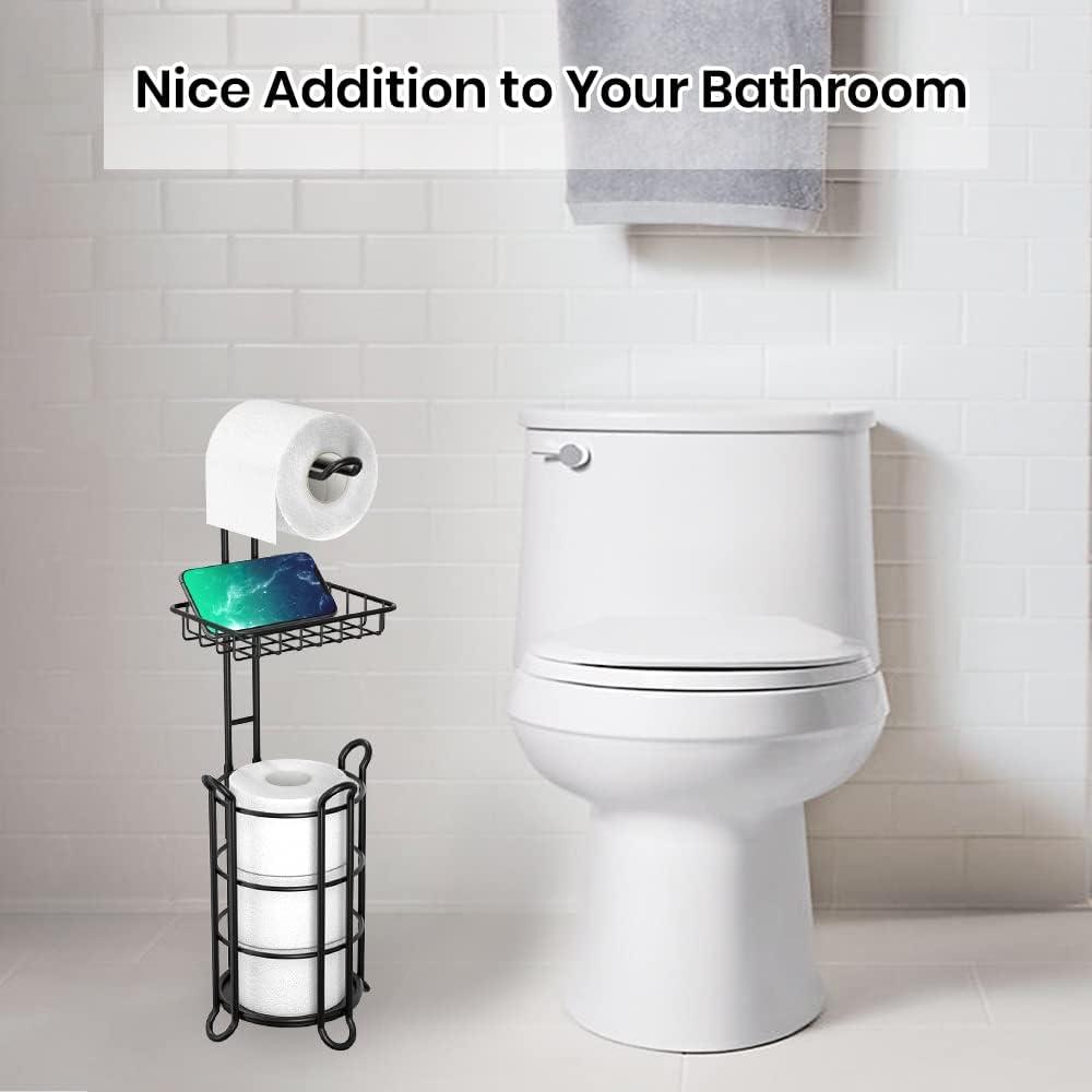 TreeLen Matte Black Bathroom Freestanding Toilet Paper Holder Tissue Roll Holder Stand with Shelf Storage Holds 4 Jumbo Rolls Phone and Wipes