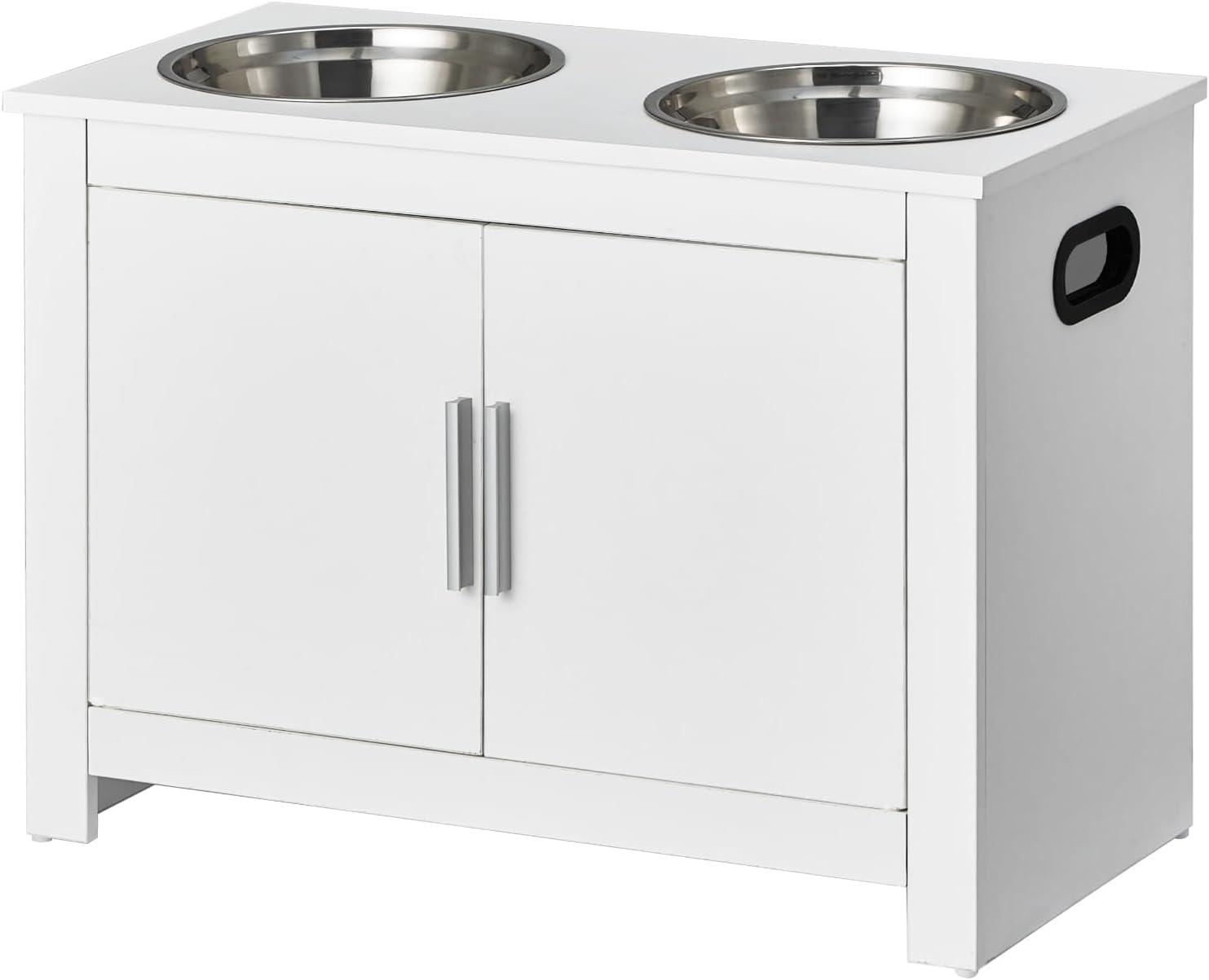 Pet Feeding Station w/ 2 Elevated Dog Bowls Dog Food & Toy Storage Cabinet