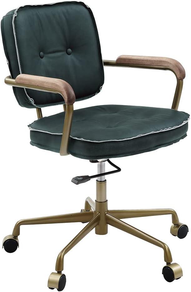 Industrial Top Grain Leather Swivel Office Chair, Adjustable Height Computer Chair with Wooden Armrest and 5-Stars Metal Base, Upholstered Task Chair Armchair with Ergonomic Bakcrest, Emerald Green