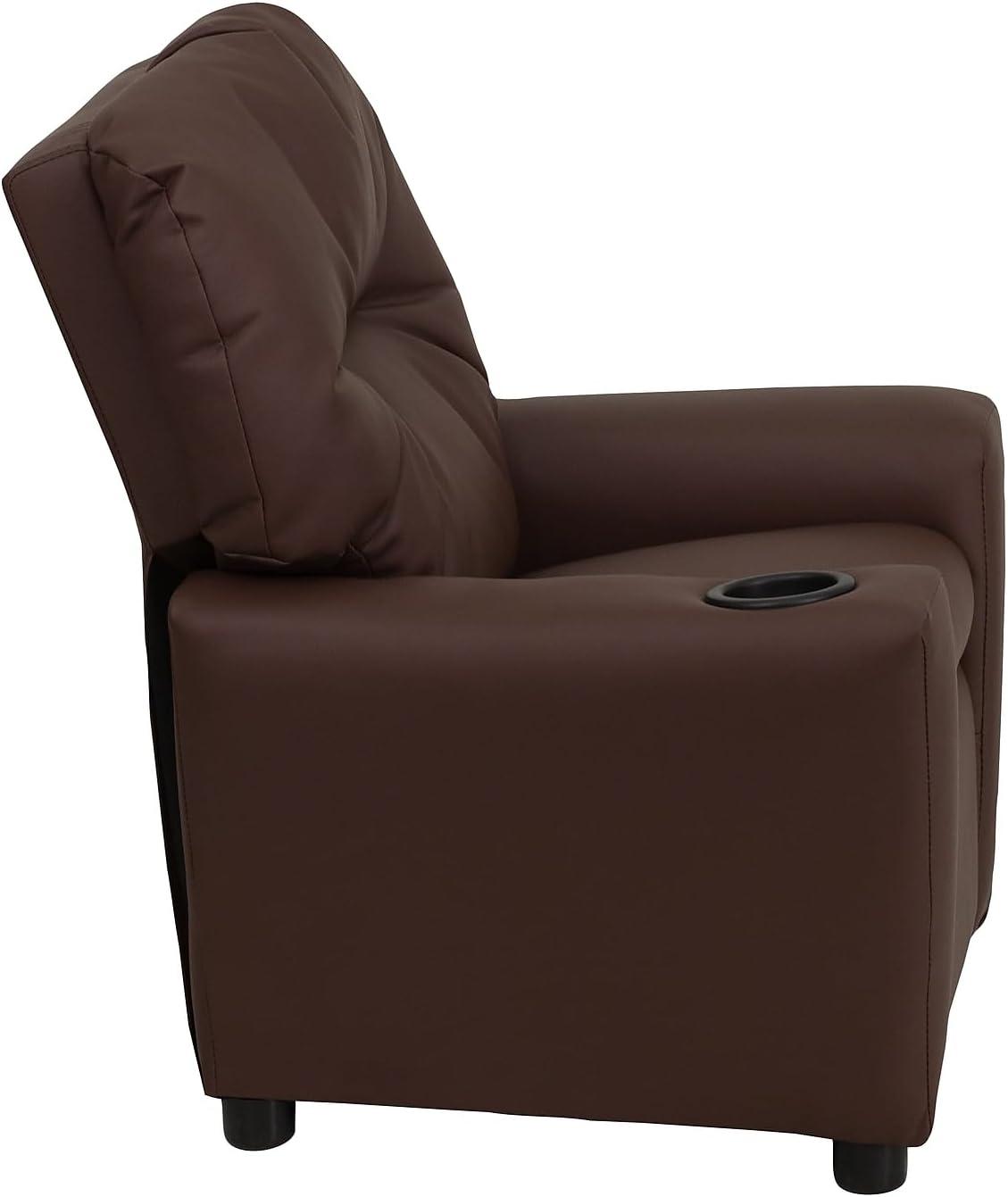 Cozy Brown LeatherSoft Kids Recliner with Built-in Cup Holder