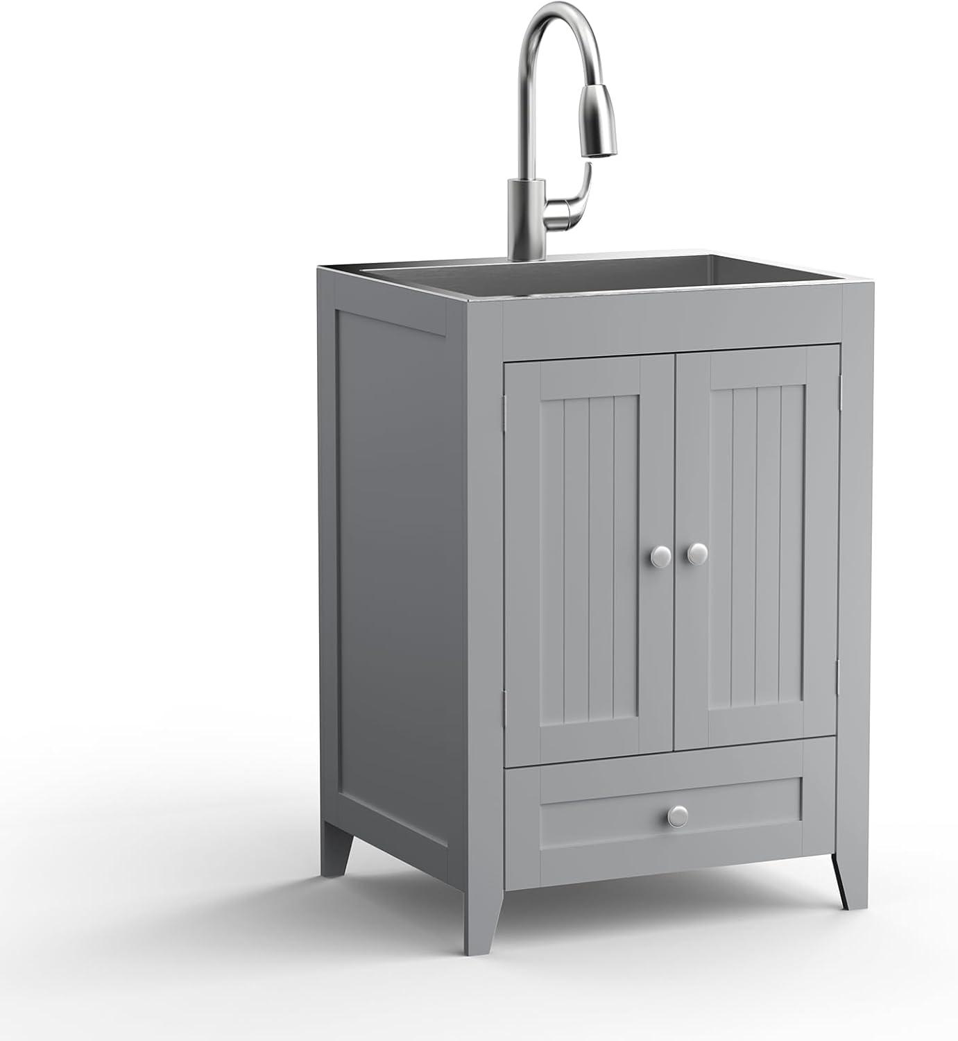 Gray Freestanding Stainless Steel Utility Sink with Cabinet and Drawer