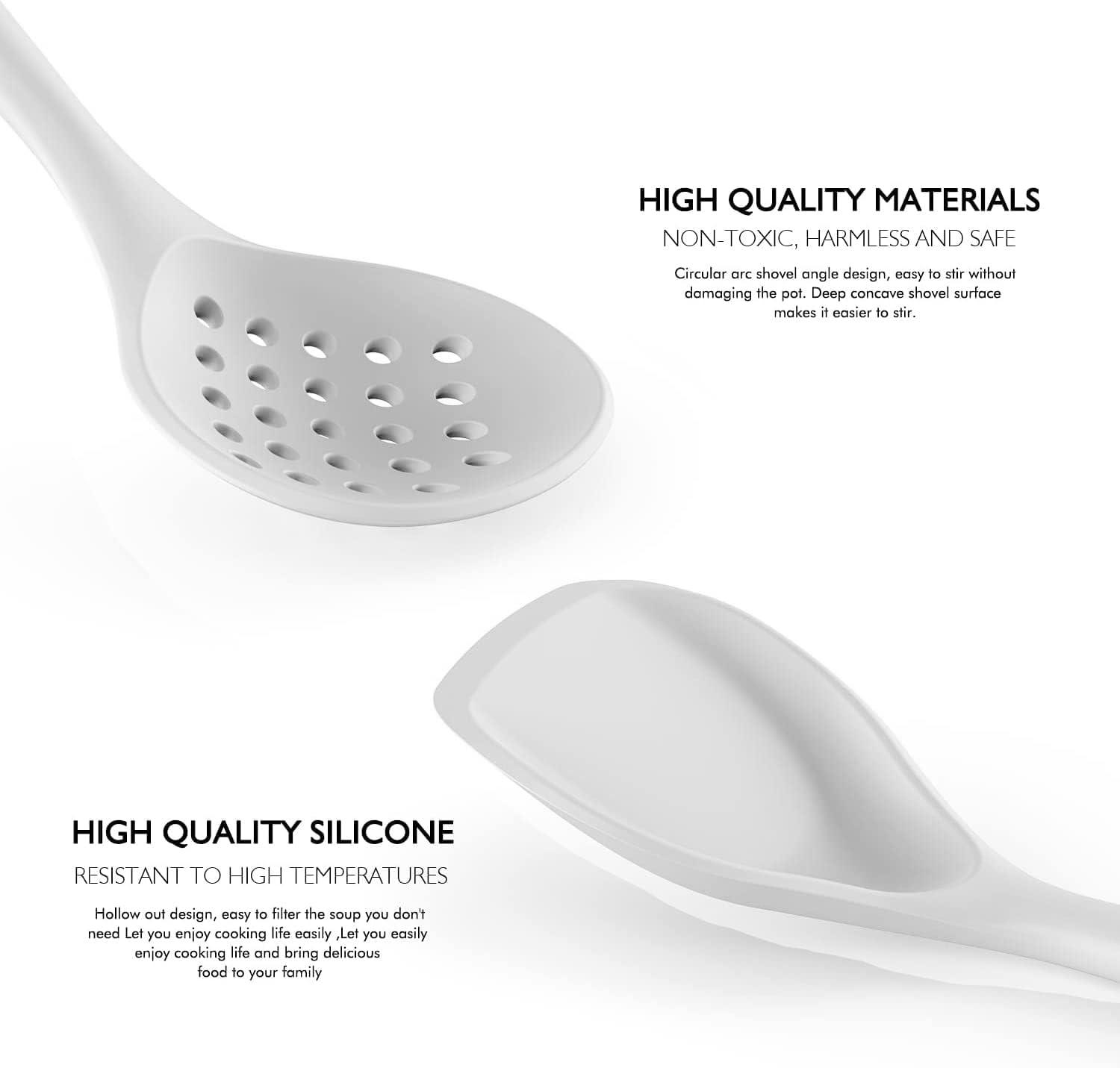 Large Silicone Cooking Utensils - Heat Resistant Kitchen Utensil Set with Wooden Handles, Spatula,Turner, Slotted Spoon, Pasta server, Kitchen Gadgets Tools Sets for Non-Stick Cookware (Warm White)