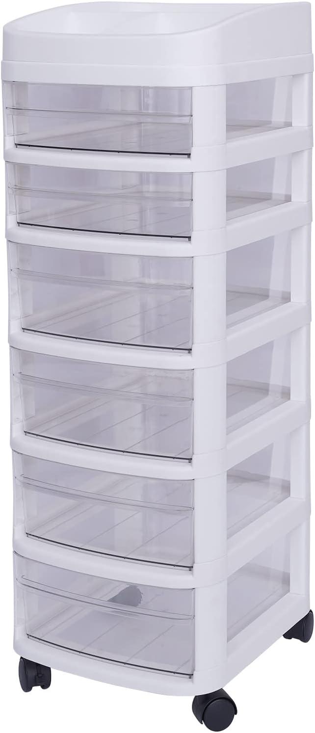 White 6-Tier Plastic Rolling Storage Cart with Clear Drawers