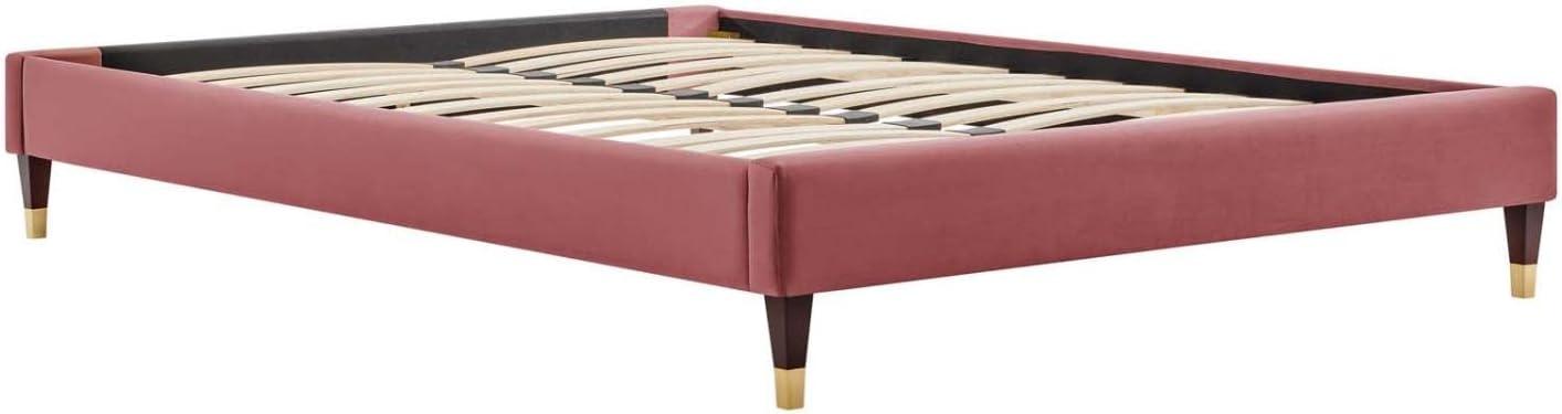 Dusty Rose Velvet Full Platform Bed Frame with Gold Accents