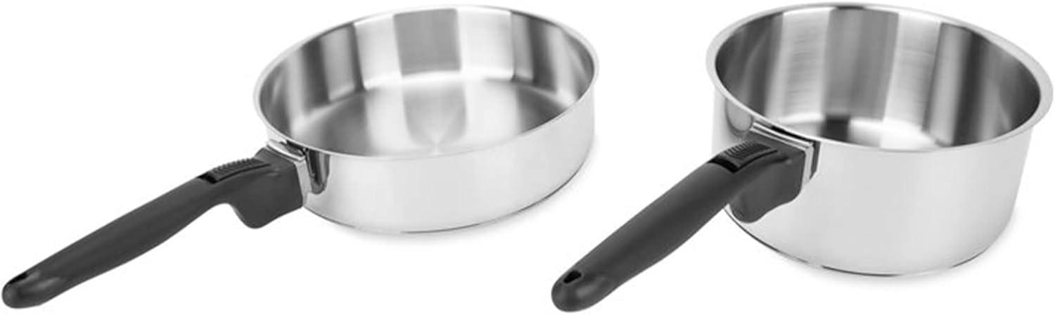 Camco Stainless Steel Nesting Cookware Set- Non Stick Pans and Pots with Removable Handles, Space Efficient Excellent for RVs and Compact Kitchen, 10-Piece Set (43921)