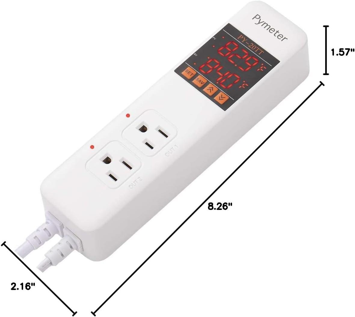 Pymeter Digital Temperature Controller Dual Probe Reptile Thermostat Controlled Outlet for Terrarium Heat Mat Heating Pad, Switch Cooling Fan Freezer Fridge ON & Off at Setpoints 10A 1200W