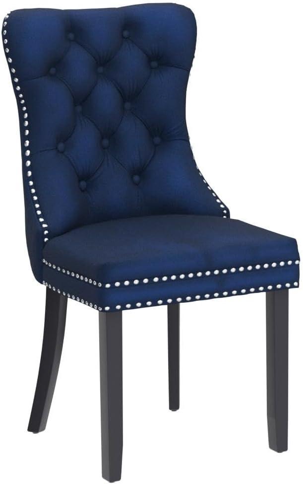 Modern Velvet Upholstered Dining Chairs with Back Button Nailhead Trim Accent Side Chairs with Wood Legs for Kitchen Dining Room(Blue,Set of 4)