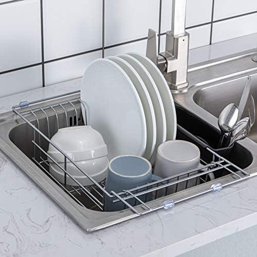 Adjustable Stainless Steel Over Sink Dish Rack with Utensil Cup