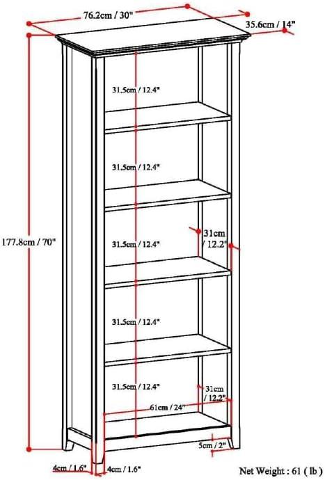 Simpli Home Amherst 30"W Solid Wood 5 Shelf Bookcase with Adjustable Shelves