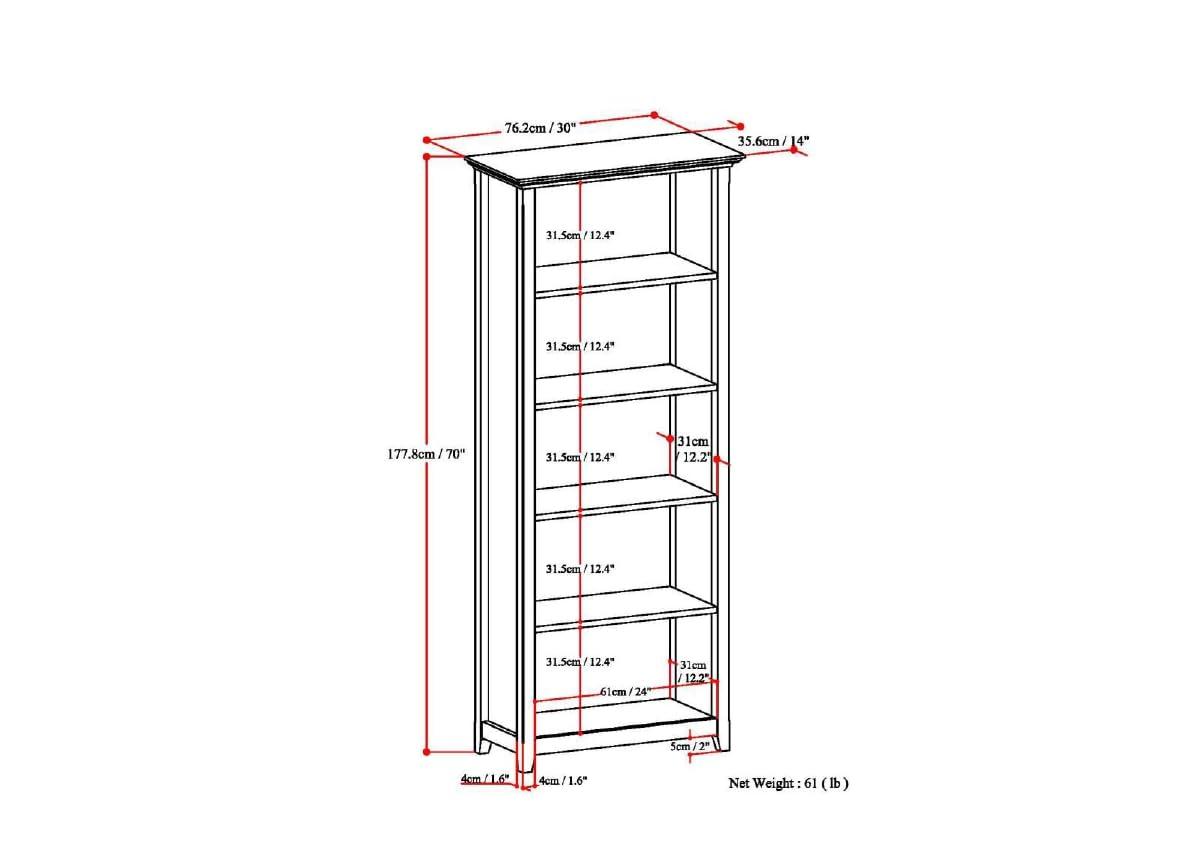 Simpli Home Amherst 30"W Solid Wood 5 Shelf Bookcase with Adjustable Shelves