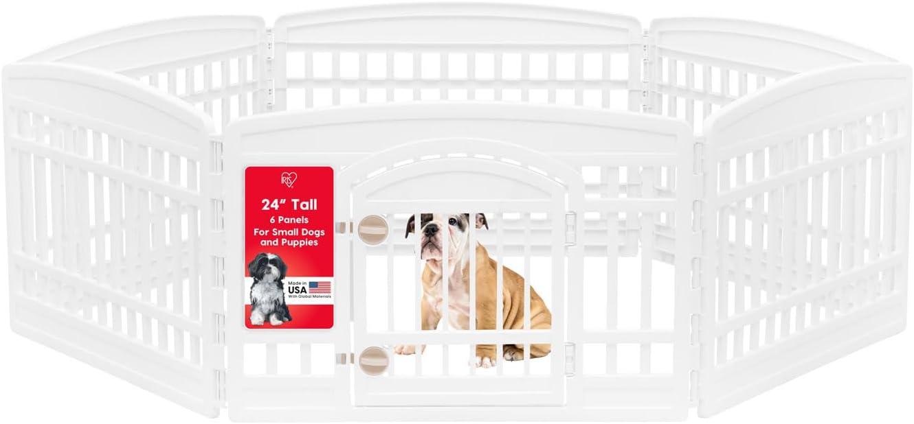 IRIS USA 24" Exercise 6-Panel Pet Playpen with Door, Dog Cat Playpen For Puppy Small Dogs Keep Pets Secure Easy Assemble Easy Storing, White