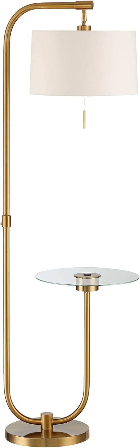 Possini Euro Design Volta Modern Floor Lamp with Tray Table 66" Tall Brass USB Charging Port White Drum Shade for Living Room Bedroom Office House