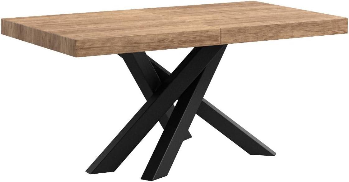 Mobili Fiver, Emma 63(94.5) x35.4 in Extendable Table, Rustic Oak with Black Crossed Legs, for 6-10 People, Expandable Dining Table for Kitchen, Living Room, Italian Furniture