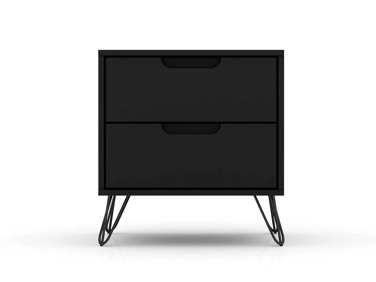 Set of 2 Rockefeller 2 Drawer Nightstands Black - Manhattan Comfort: Modern Bedside Storage Furniture