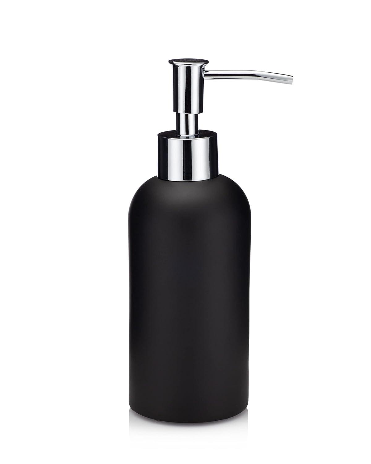 Essentra Home Matte Black Collection 4-Piece Bathroom Accessory Set. Includes: Soap Dispenser with Chrome Pump, Toothbrush Holder, Tumbler and Soap Dish