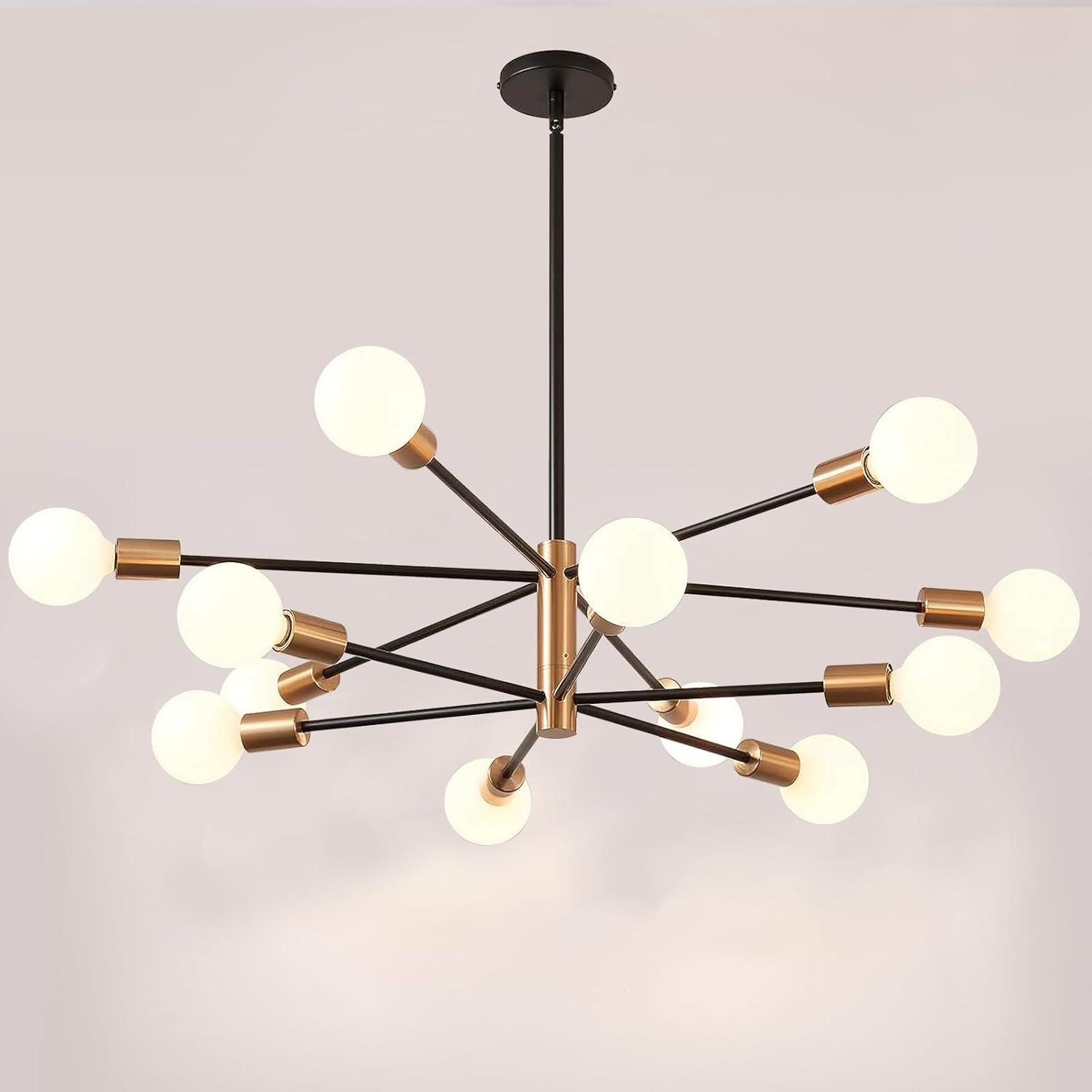 Modern Sputnik Chandelier Ceiling Light Fixture 12-Light E26 Industrial Chandeliers Black Gold Farmhouse Chandelier Height Adjustable Chandeliers for Dining Room, Living Room, Kitchen Island