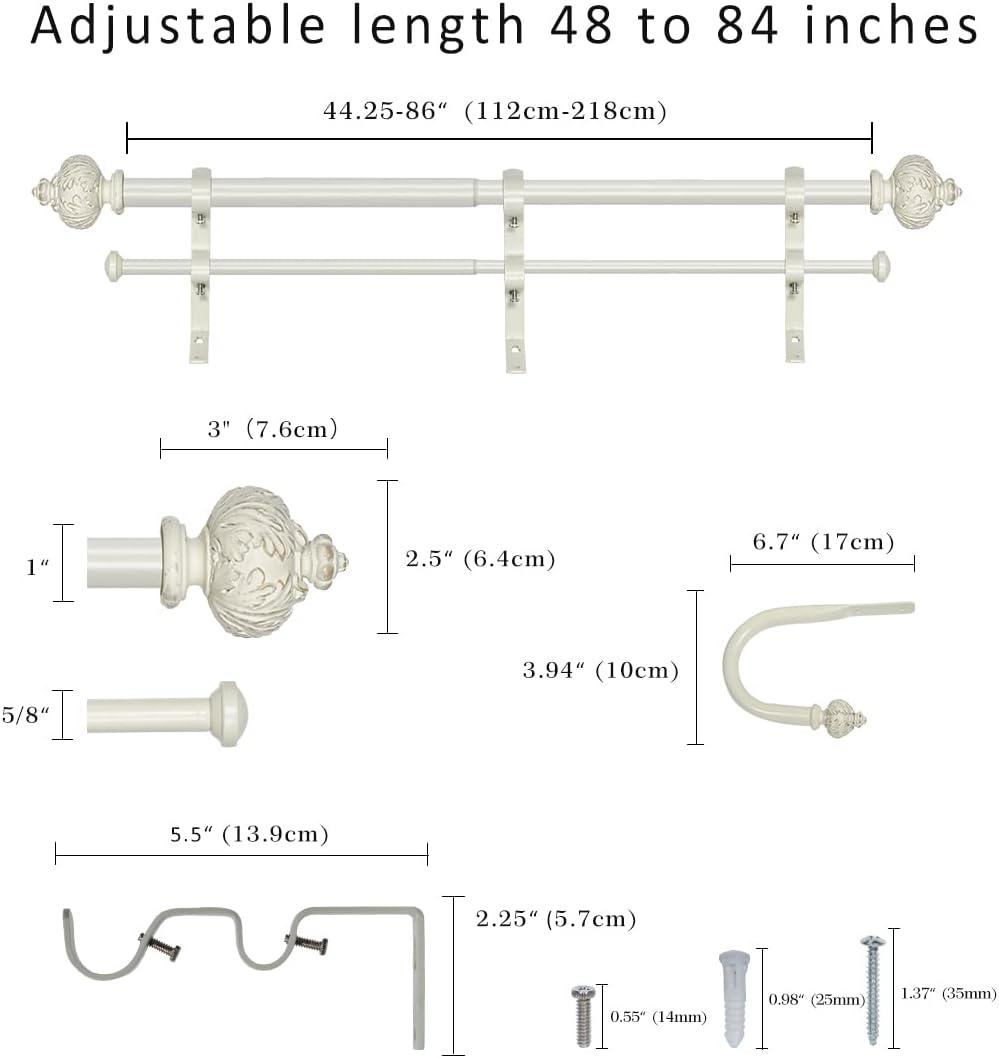 eTeckram 1" Curtain Rod with Albert Finials - 48" to 84", Weathered White