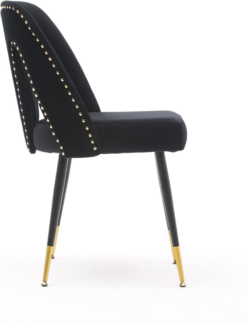 Aoowow Modern Dining Chairs Set of 2, Velvet Upholstered Side Chairs with Nailheads and Gold Tipped Black Metal Legs (Black)