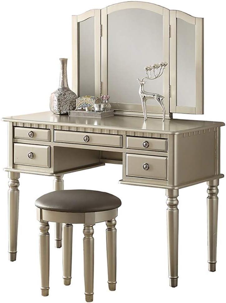 Saltoro Sherpi 3 Piece Adult Elegant Functional 5 Drawers and Stool Table Set Silver