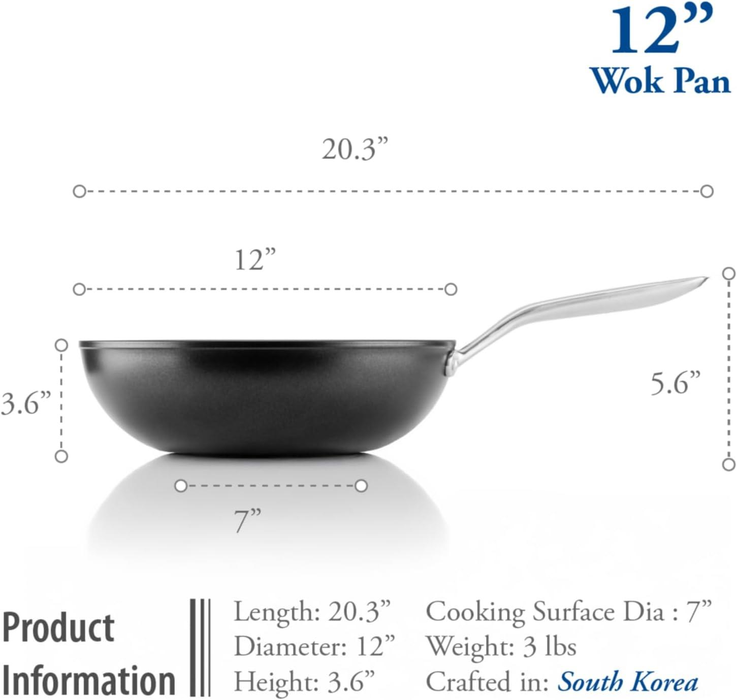 12-Inch Black Aluminum Nonstick Wok with Stainless Steel Handle