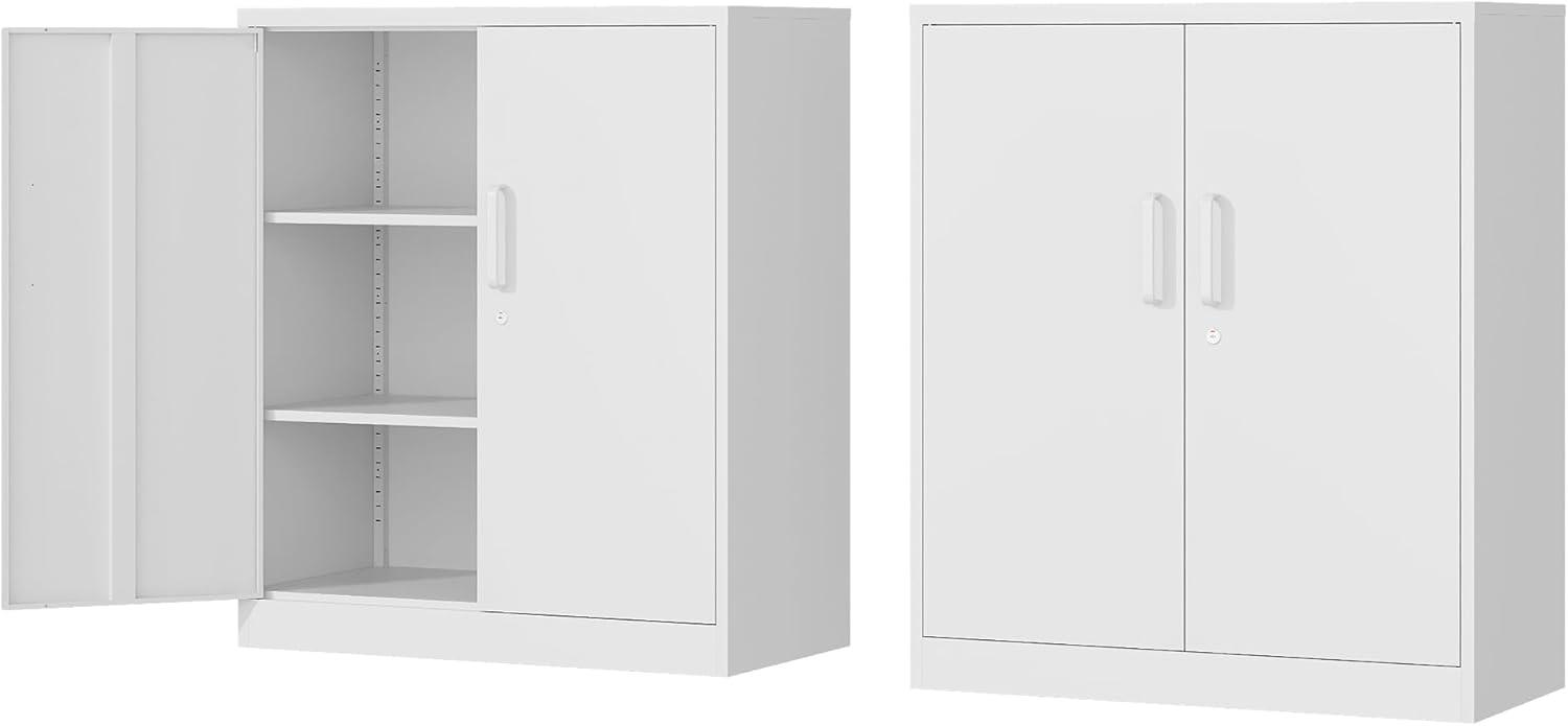 Nestora Steel Storage Cabinet Office Cabinet with Shelves and 2 Doors,White Metal Storage Cabinet, Locking Small Metal Cabinet,Steel Counter Cabinet with Lock for Garage Home Office Pantry