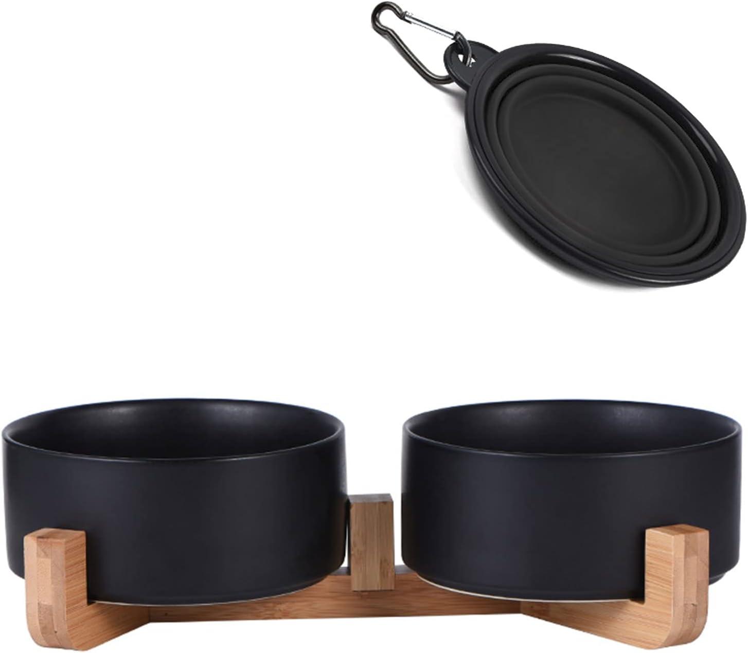 Pet Bowls,Ceramic Cat Dog Bowl Set with Wood Stand for Food and Water,Non-Slip Cute Pet Bowls