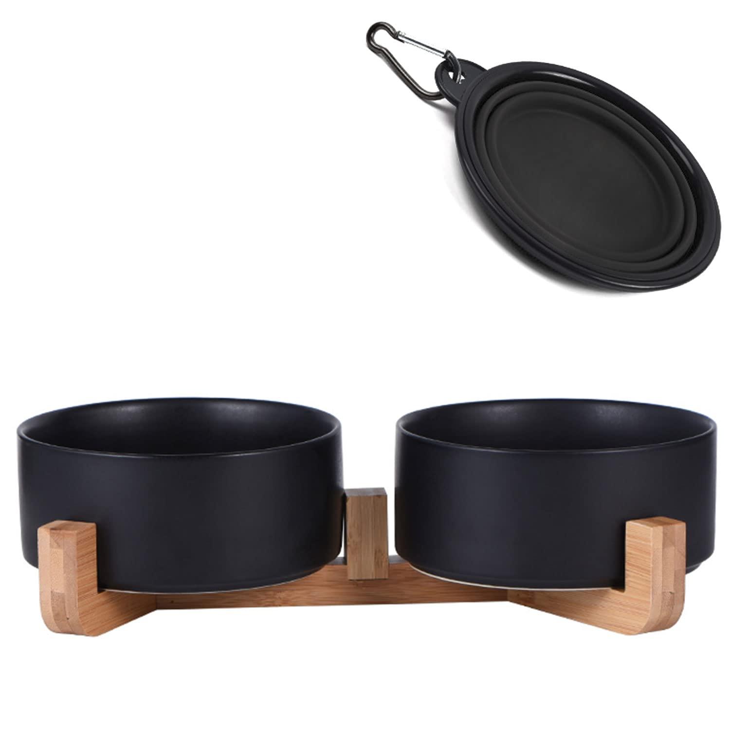 Pet Bowls,Ceramic Cat Dog Bowl Set with Wood Stand for Food and Water,Non-Slip Cute Pet Bowls