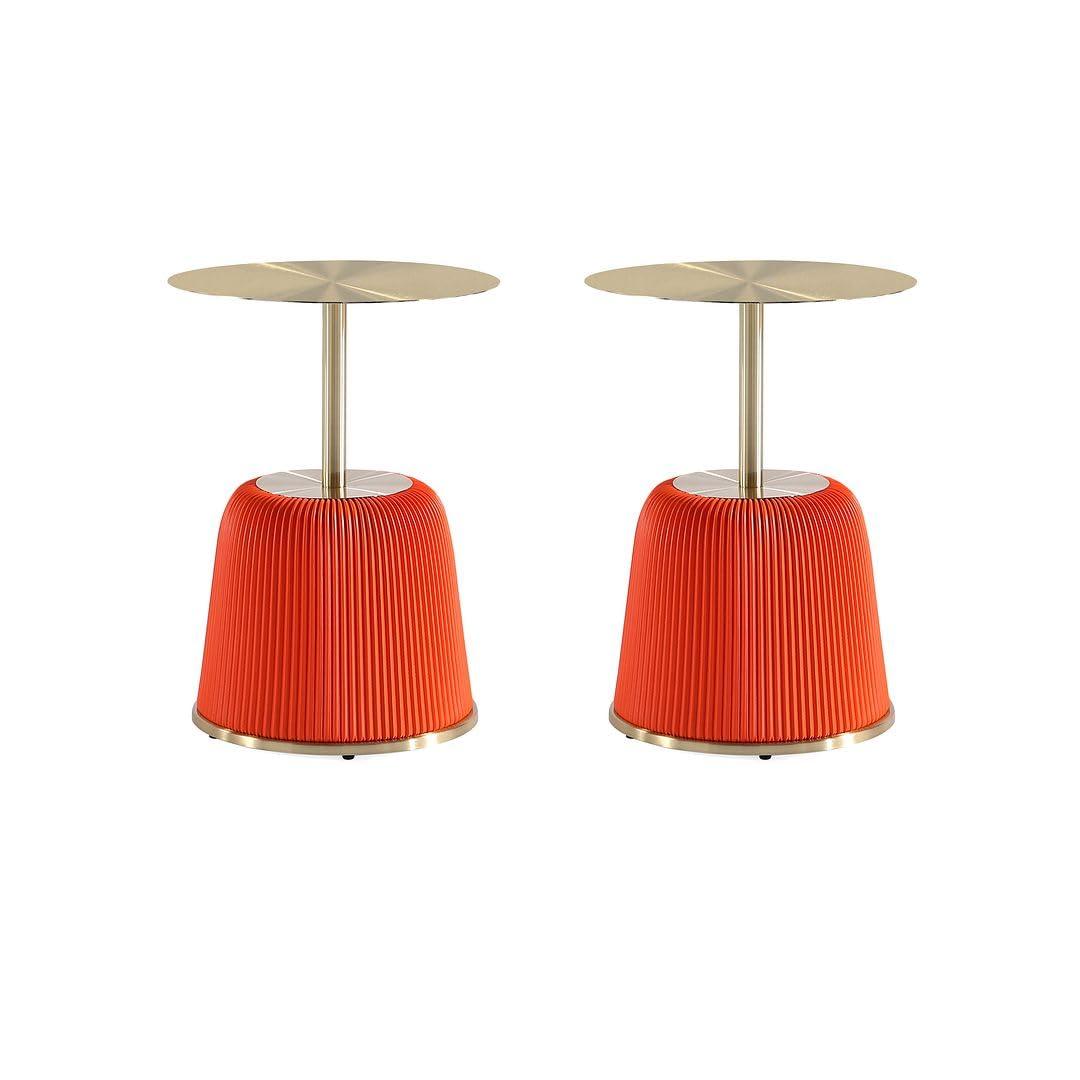 Manhattan Comfort Set of 2 Anderson Leatherette End Tables with Faux Marble Tabletop Orange: Modern Round Side Tables