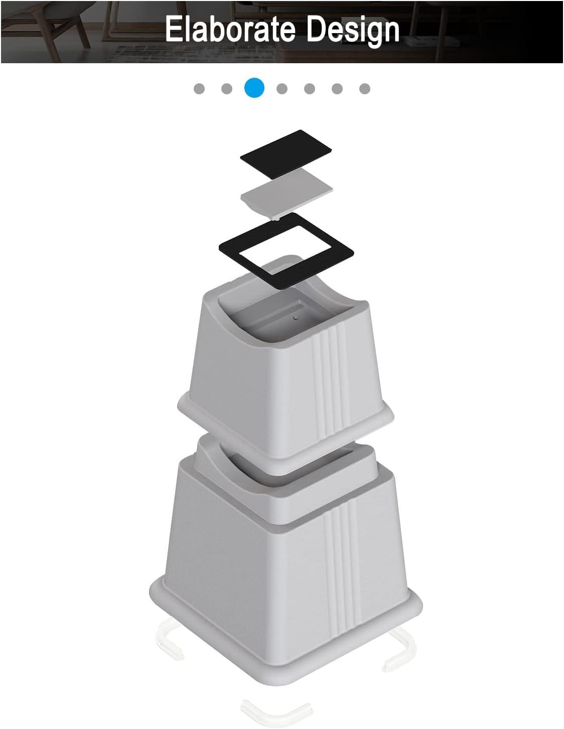 ZTON Adjustable Bed Furniture Risers Elevation in Heights 3", 5" or 8" Heavy Duty Risers for Both Posts and Wheels of Sofa and Bed Support up to 2000 lbs. (Set of 4 Riser, Grey)