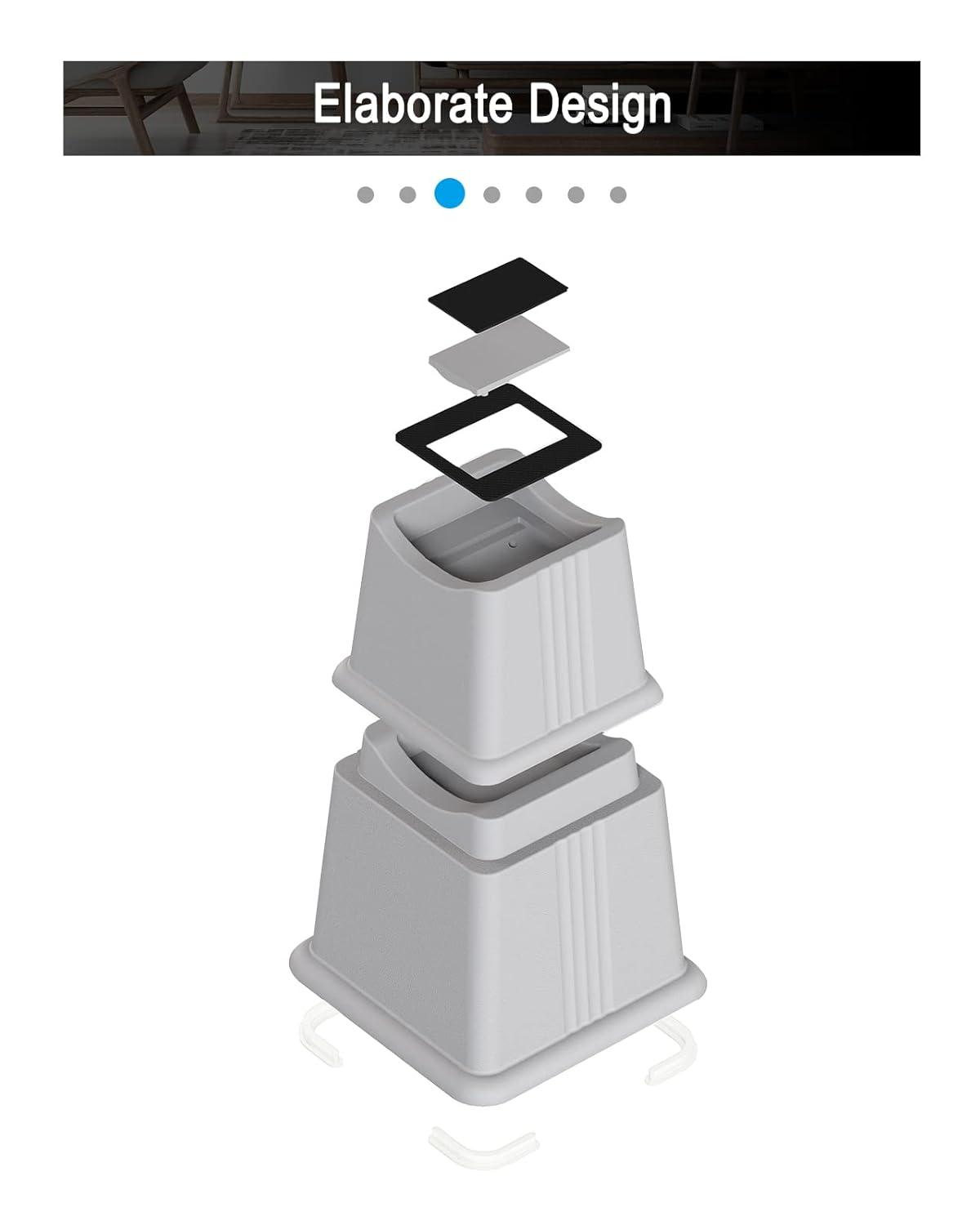 ZTON Adjustable Bed Furniture Risers Elevation in Heights 3", 5" or 8" Heavy Duty Risers for Both Posts and Wheels of Sofa and Bed Support up to 2000 lbs. (Set of 4 Riser, Grey)