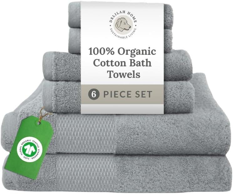 Delilah Home 100% Organic Cotton Towels, 6 piece set (2pcs 13x13,  2pcs 16x30, 2 pcs 30x54)