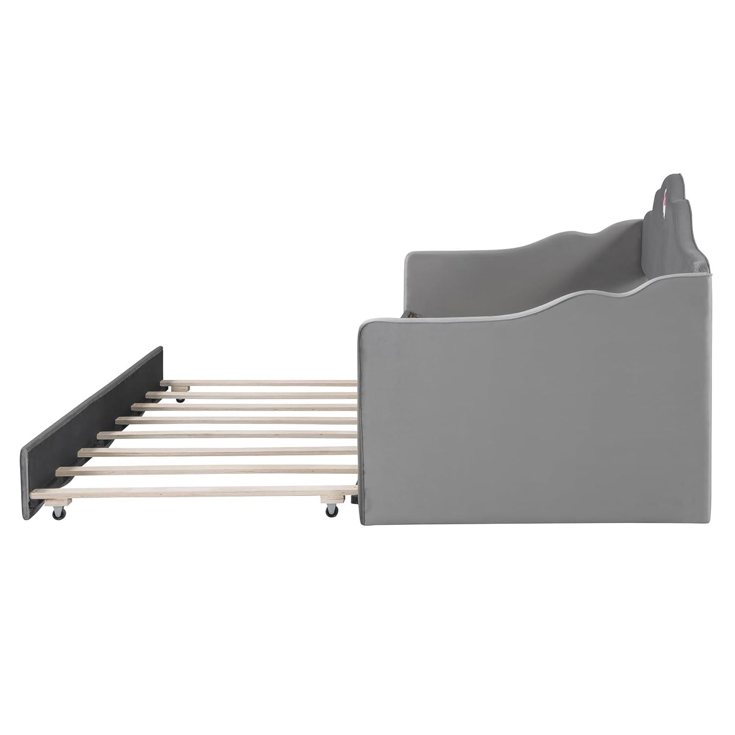 Ball & Cast Upholstered Twin Size Daybed with Trundle, Sofa Bed Frame with Wave-Shaped Back & Arm & Wood Slat Support, No Box Spring Needed, Gray