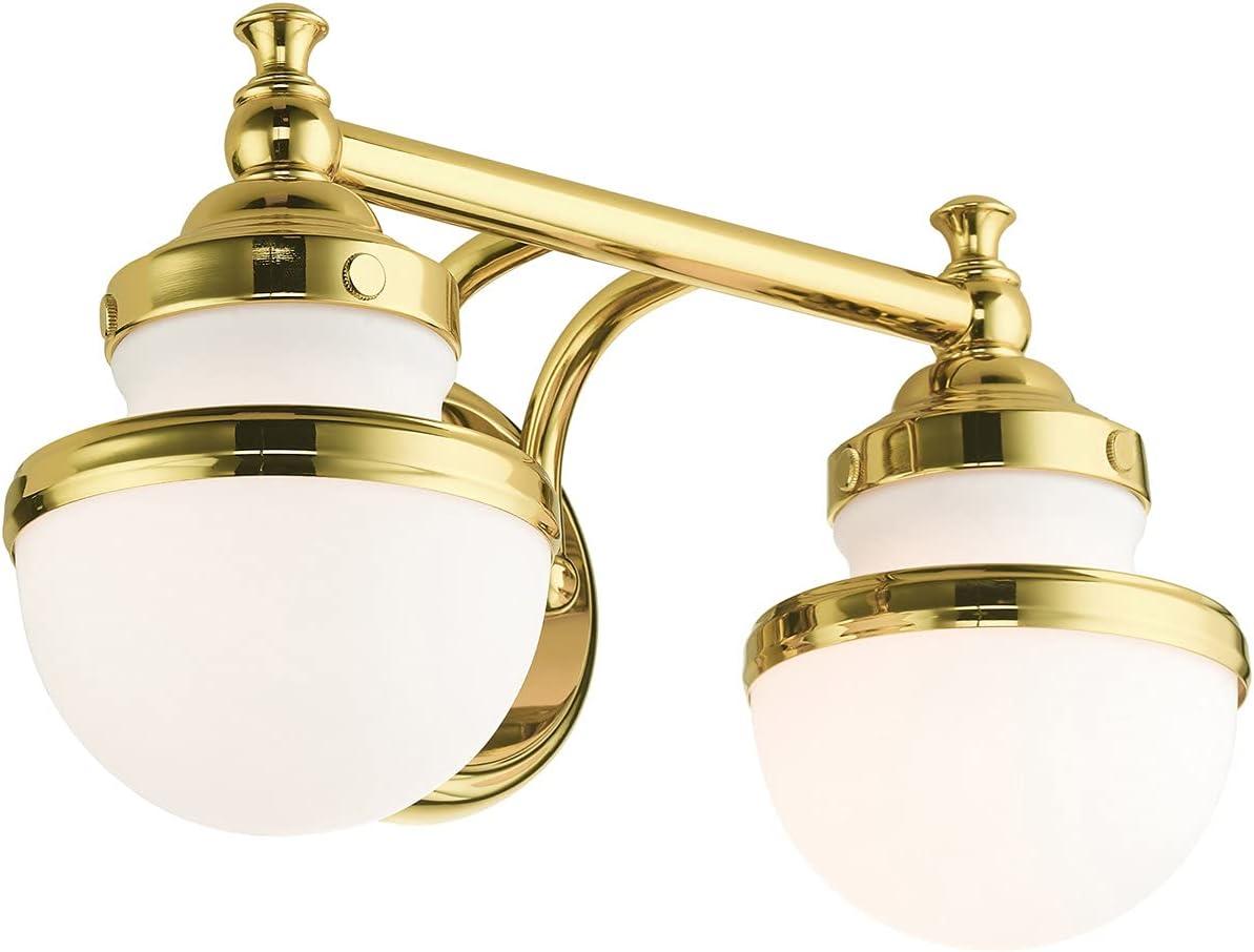 Oldwick Polished Brass 2-Light Vanity Sconce with Satin Opal White Glass