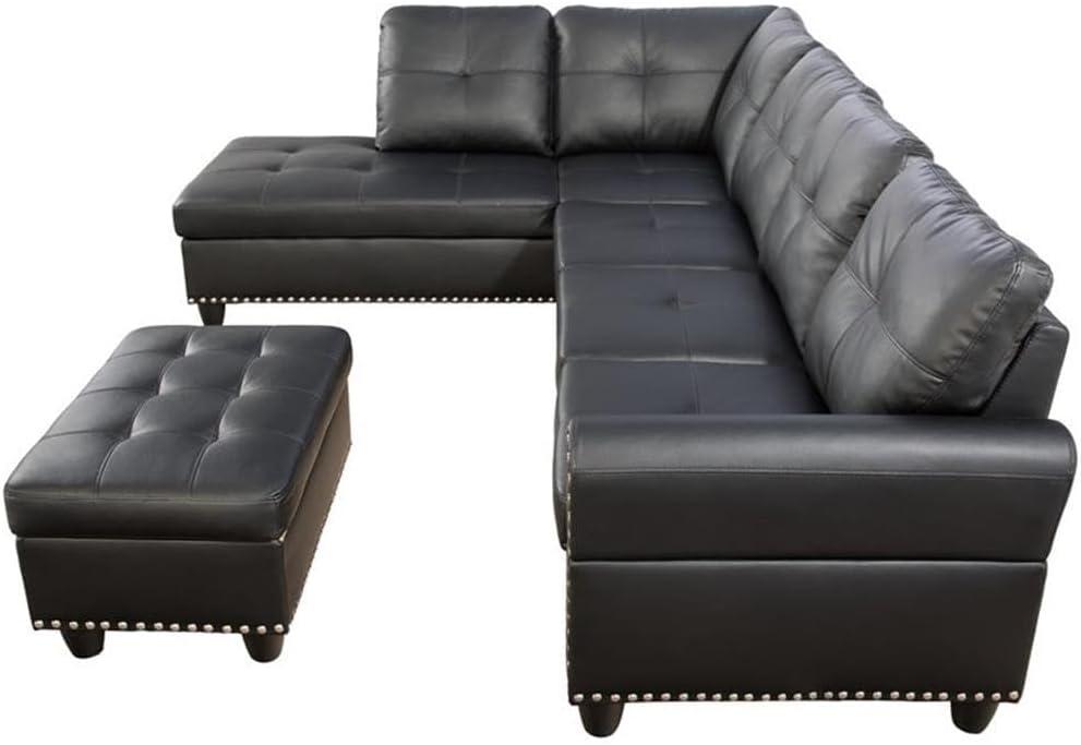 Devion Furniture Faux Leather Sectional Sofa with Ottoman-Black