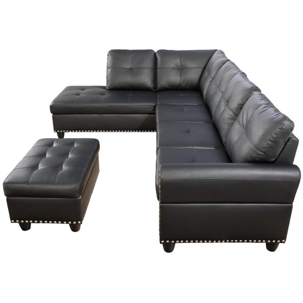 Devion Furniture Contemporary Faux Leather Nailhead Trim L Shaped Sectional Sofa Set Black