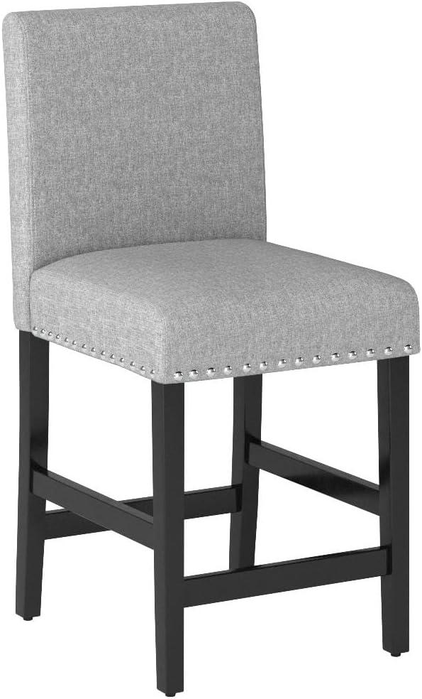 Set of 4 Gray Upholstered Counter Stools with Wood Legs