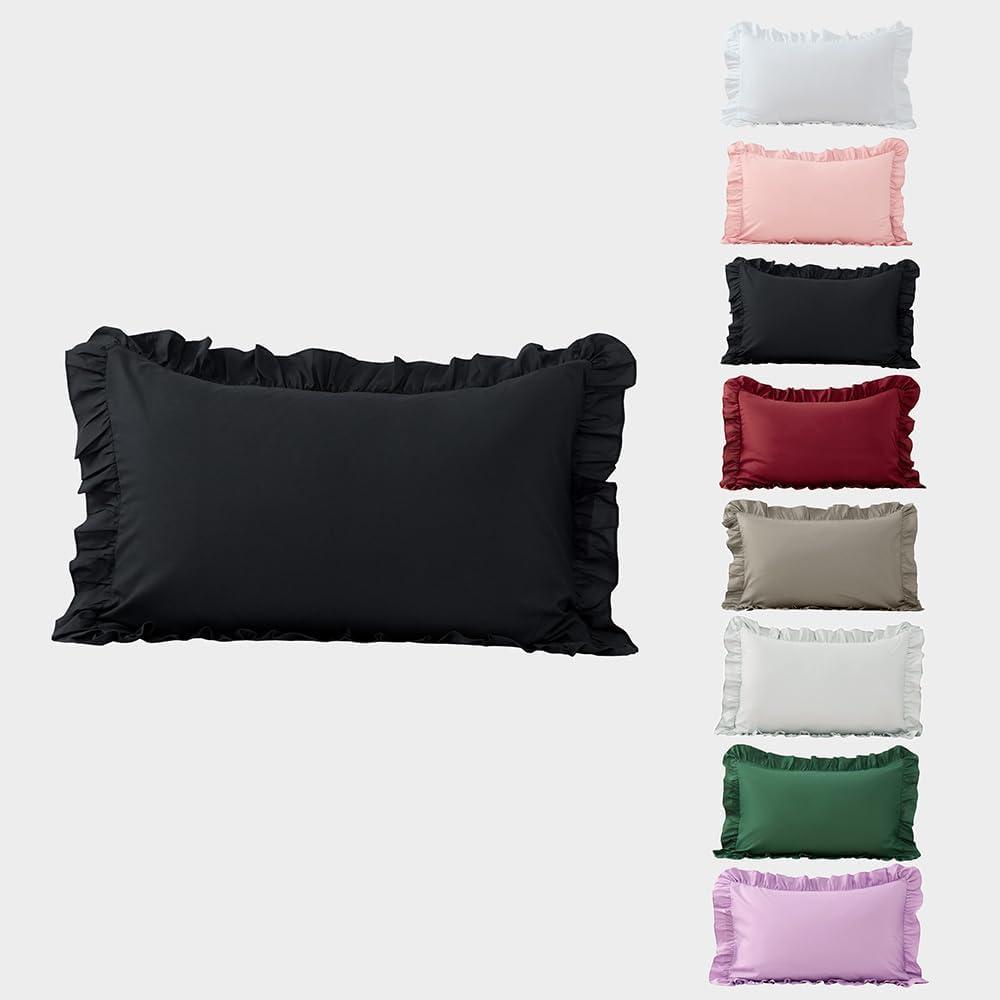 Grace Linen Ruffle Pillow Shams Standard Size Set of 2, 20X26 - Microfiber Soft & Breathable & smooth - Ruffle Pillowcases 20X26 - Black