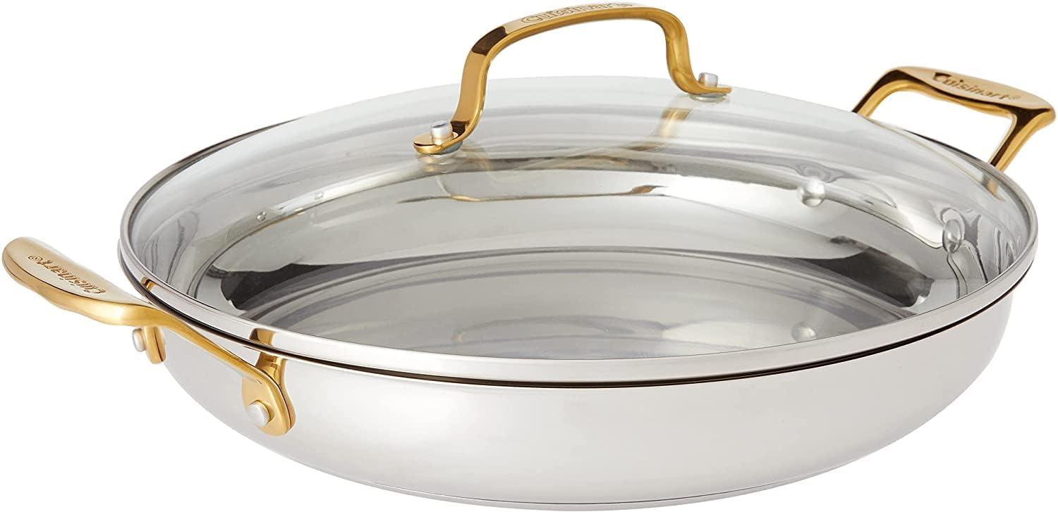 12" Stainless Steel Everyday Pan with Gold Handles and Glass Lid