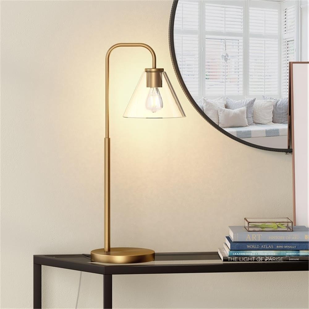 Evelyn&Zoe Henderson Arc Floor Lamp with Glass Shade, Brass/White Milk