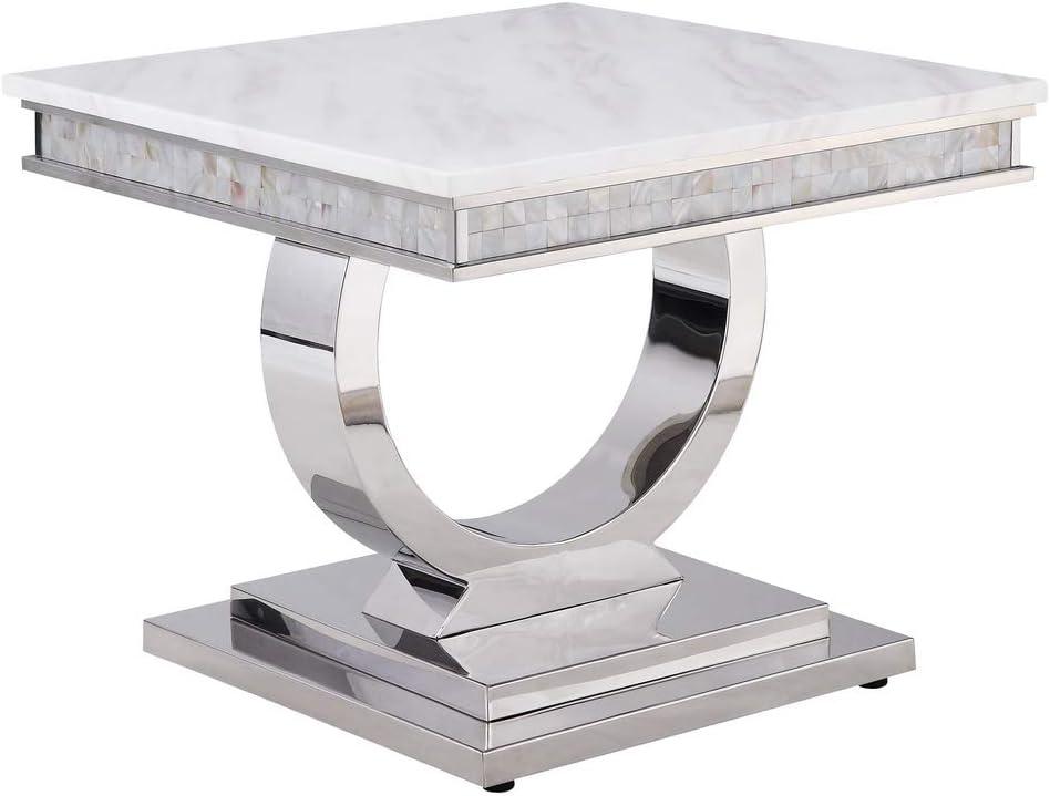 Round White Faux Marble and Silver Metal End Table