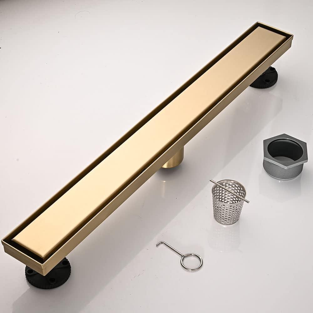 Linear Shower Floor Drain, Brushed Gold 30 Inch 304 Stainless Steel Bathroom Drains Kit, Rectangular Shower Trench Drain with Reversable Tile-in Pattern Drain Cover & Hair Catcher
