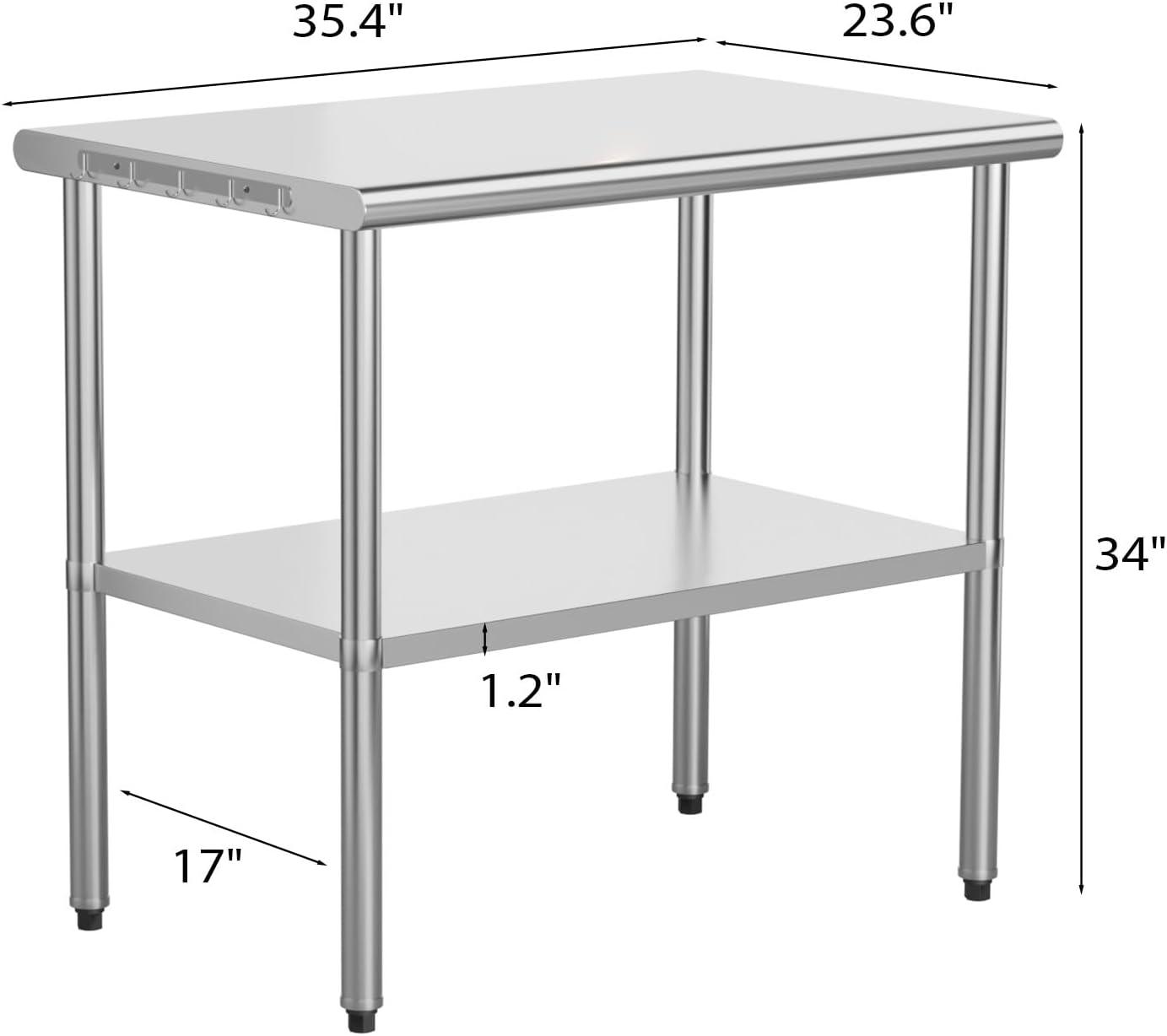 ROVSUN 36'' x 24'' Stainless Steel Table for Prep & Work, Metal Table with Undershelf for Kitchen Restaurant, Home