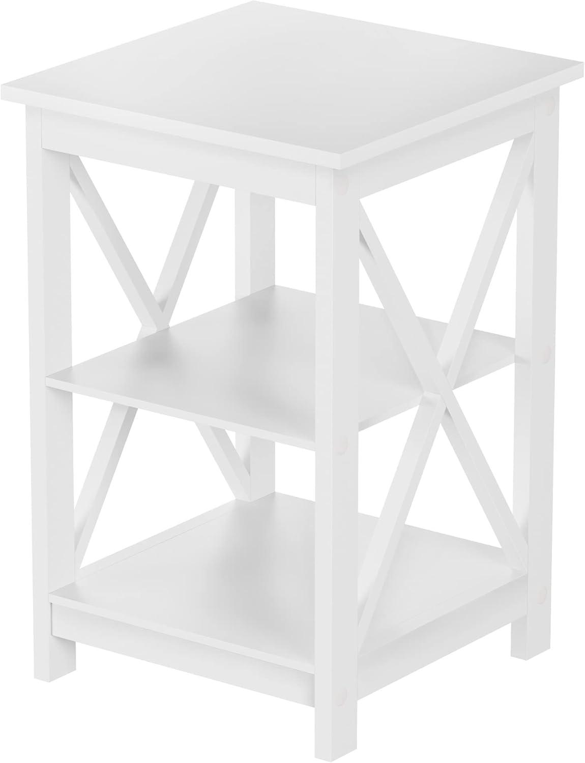 Lavish Home End Table with 2 Shelves and X-Leg Design, White