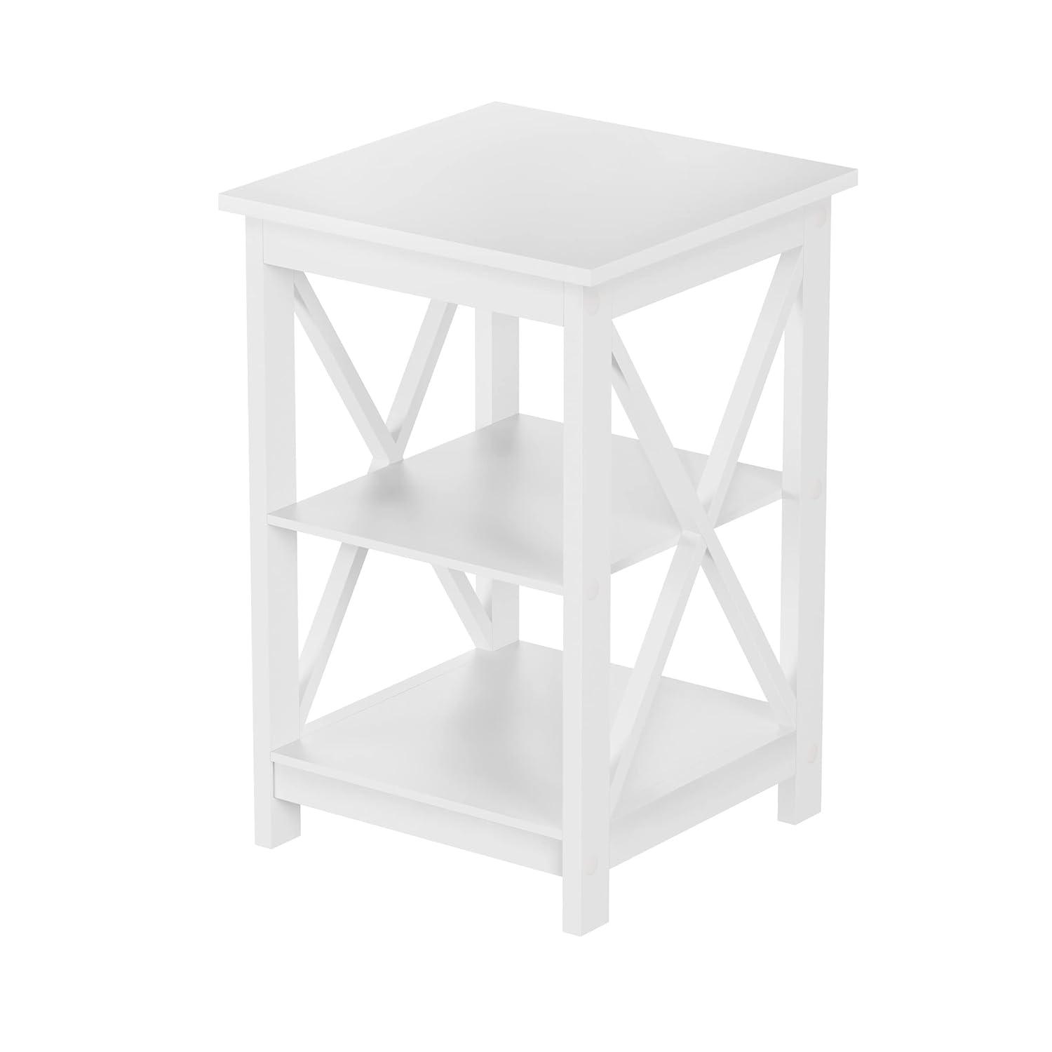Lavish Home End Table with 2 Shelves and X-Leg Design, White