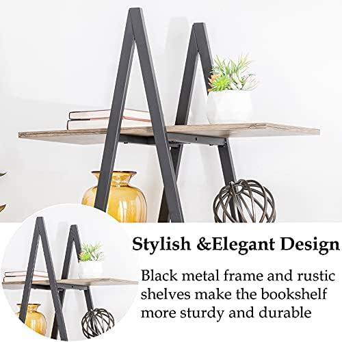 Glitzhome 64.5"H Modern Industry Wooden Oak Melamine 4-Tier Metal/ Wooden Leaning Bookcases & Ladder Shelves