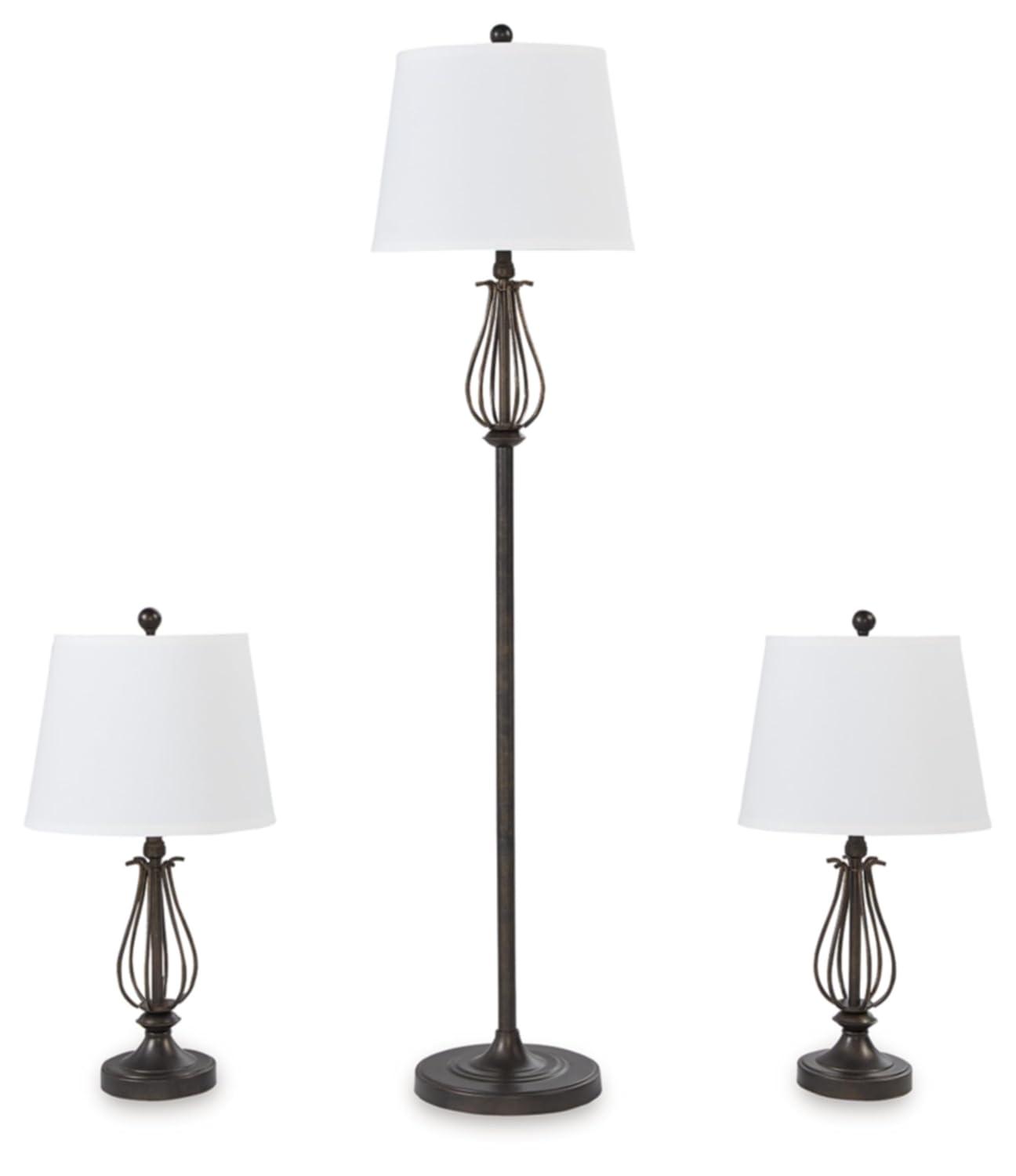 Signature Design by Ashley Brycestone Floor Lamp with 2 Table Lamps Brown/Beige: Metallic Base, 3-Way Switch, UL Listed