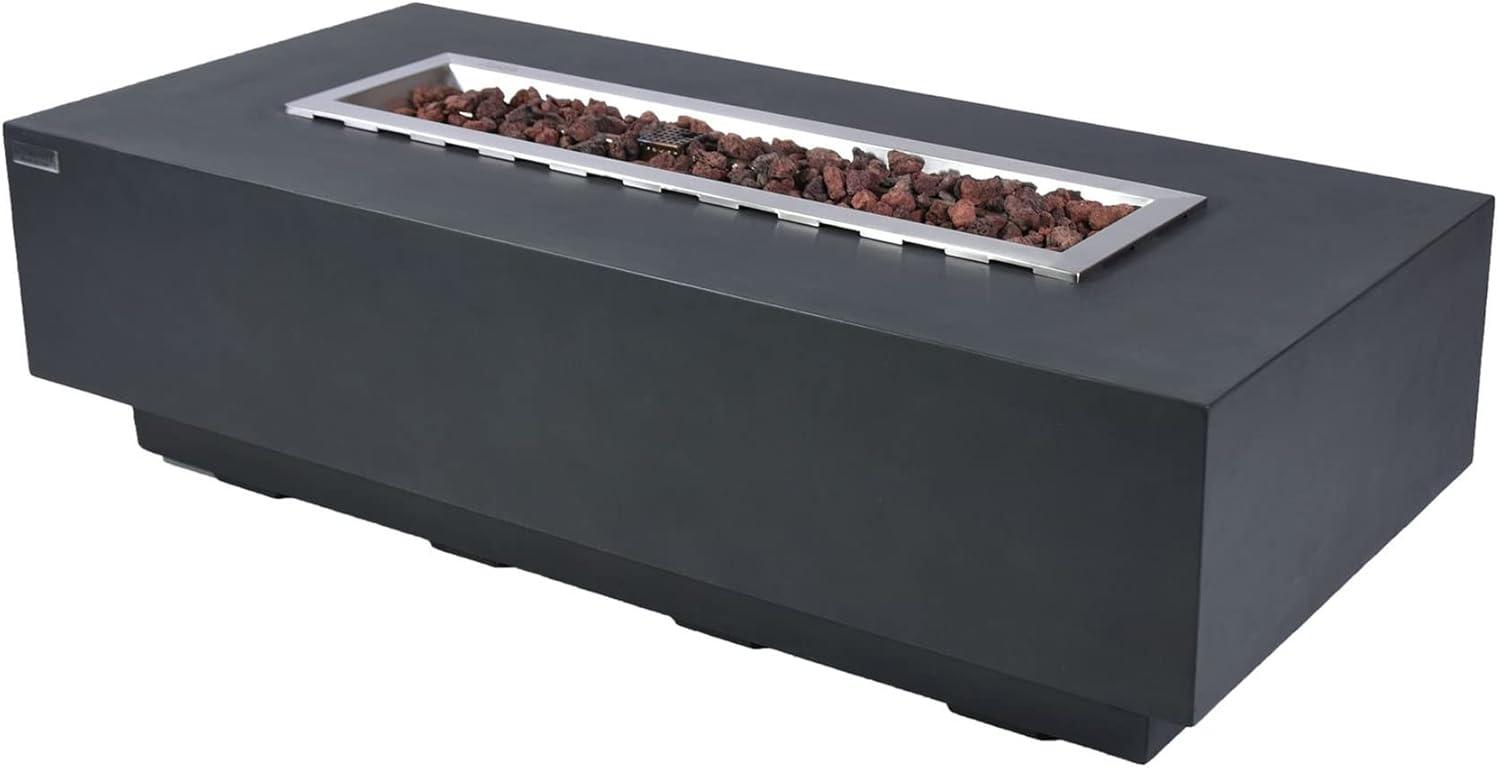 Granville Elementi 60" Rectangular Outdoor Concrete Fire Pit Table with Lava Rocks and Cover