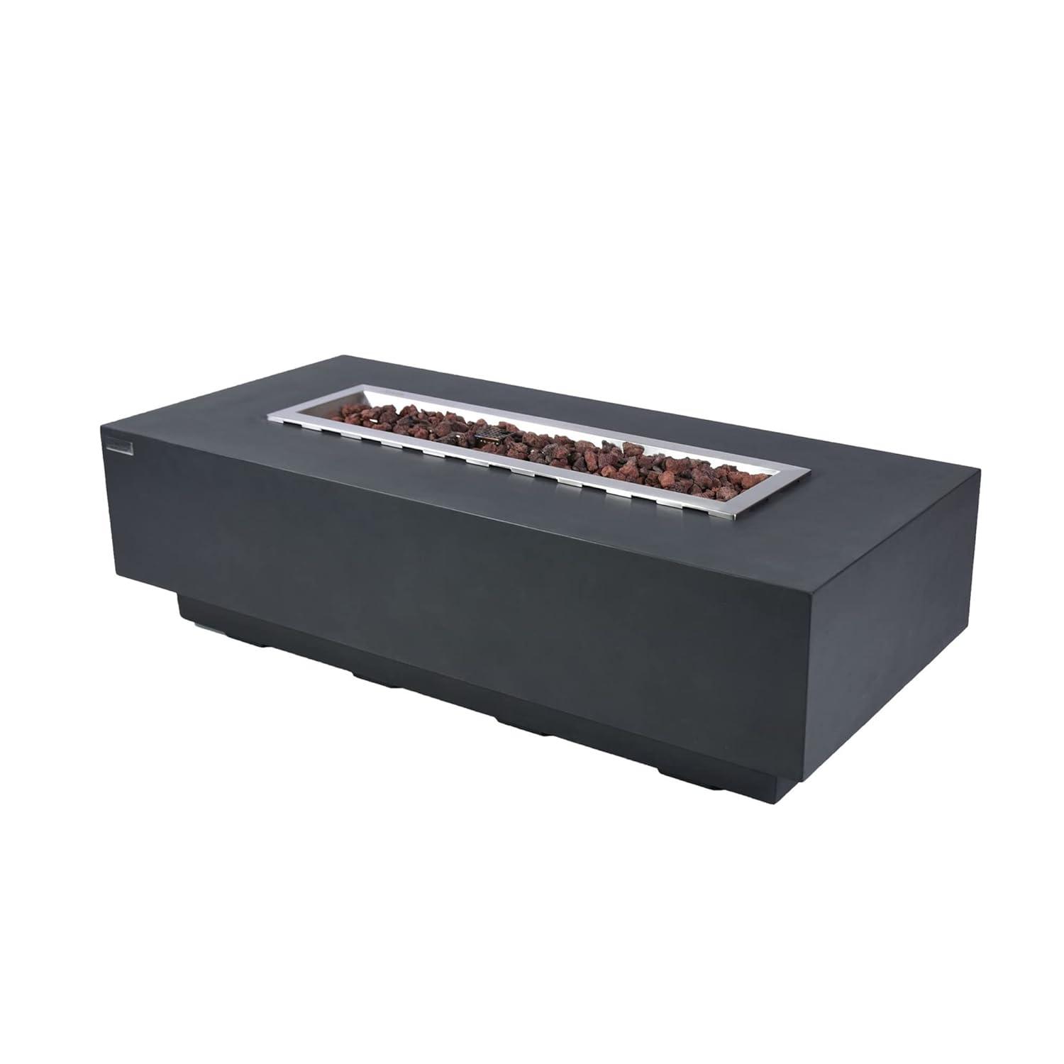 Granville Elementi 60" Rectangular Outdoor Concrete Fire Pit Table with Lava Rocks and Cover