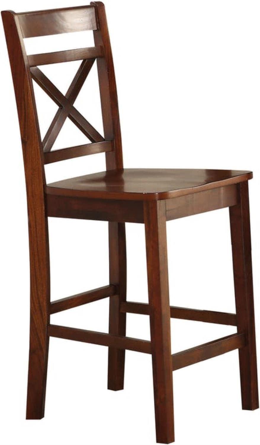 Set of 2 Cherry Brown Wooden Counter Height Chairs with Cross Back